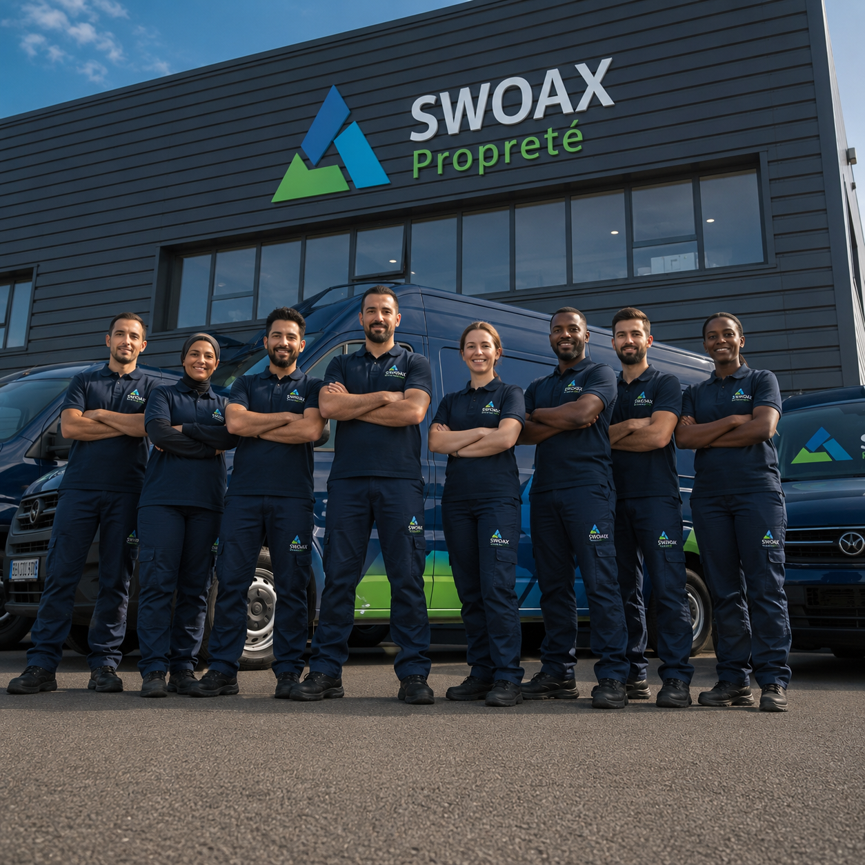 Équipe d'une entreprise de nettoyage professionnelle devant ses locaux et ses véhicules de service.