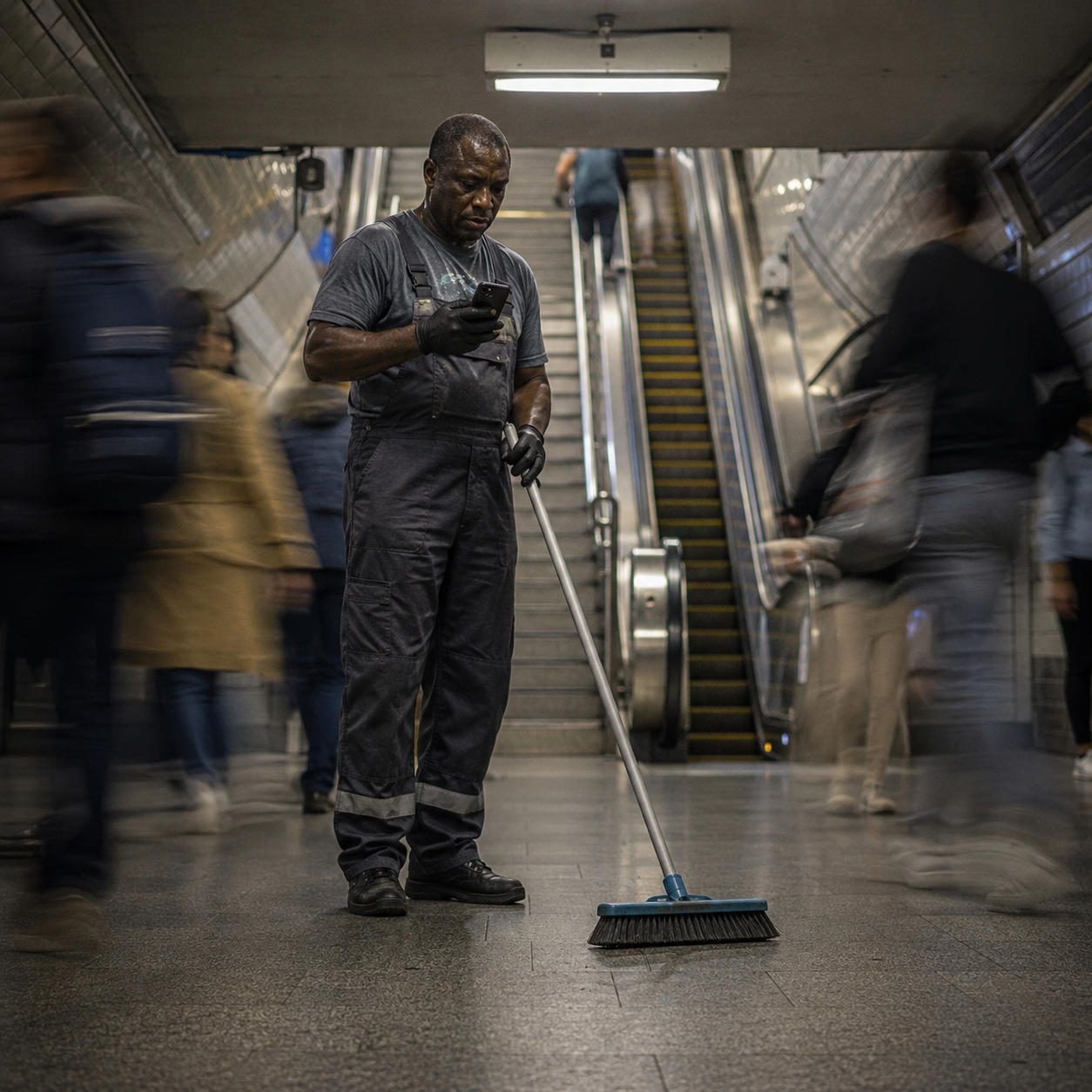Agent de nettoyage dans un métro qui consulte une nouvelle demande d'intervention sur son téléphone.