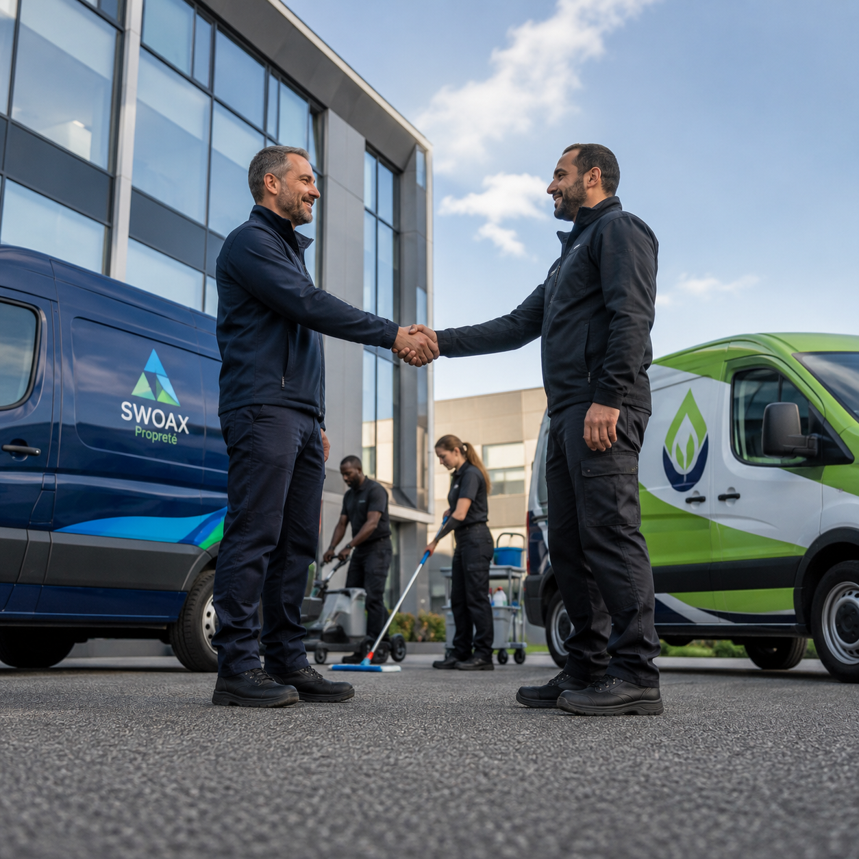 Deux dirigeants d'entreprises de nettoyage se serrent la main devant leurs véhicules de service.
